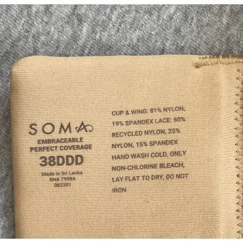Soma Bra Womens 38DDD Beige Lace Lined Underwire Embraceable Perfect Coverage